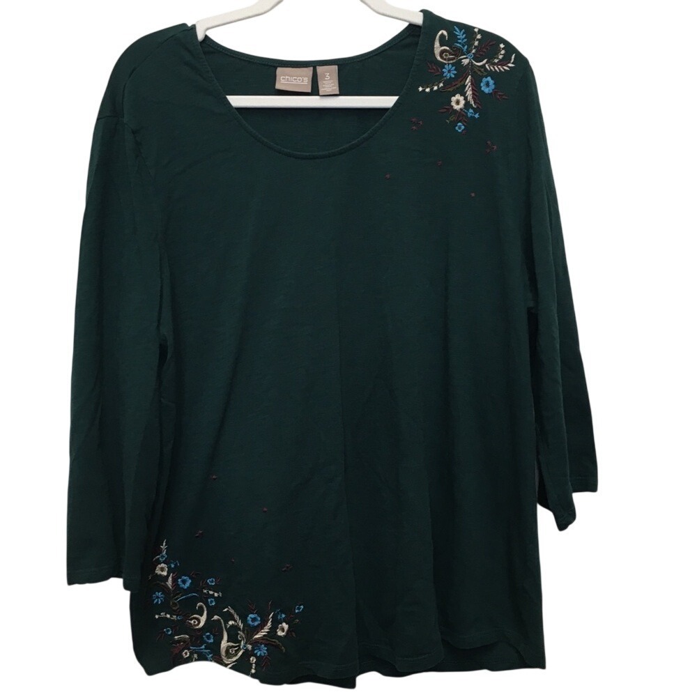 Chico's Embroidered Top 100% Cotton XL Dark Teal Stretch Casual Floral Artsy